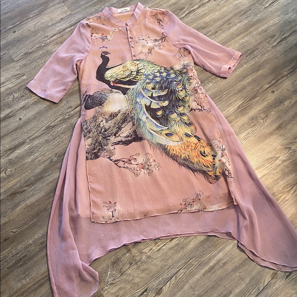 NWOT STUNNING Asian Peacock Silky & Gauze Dress XL